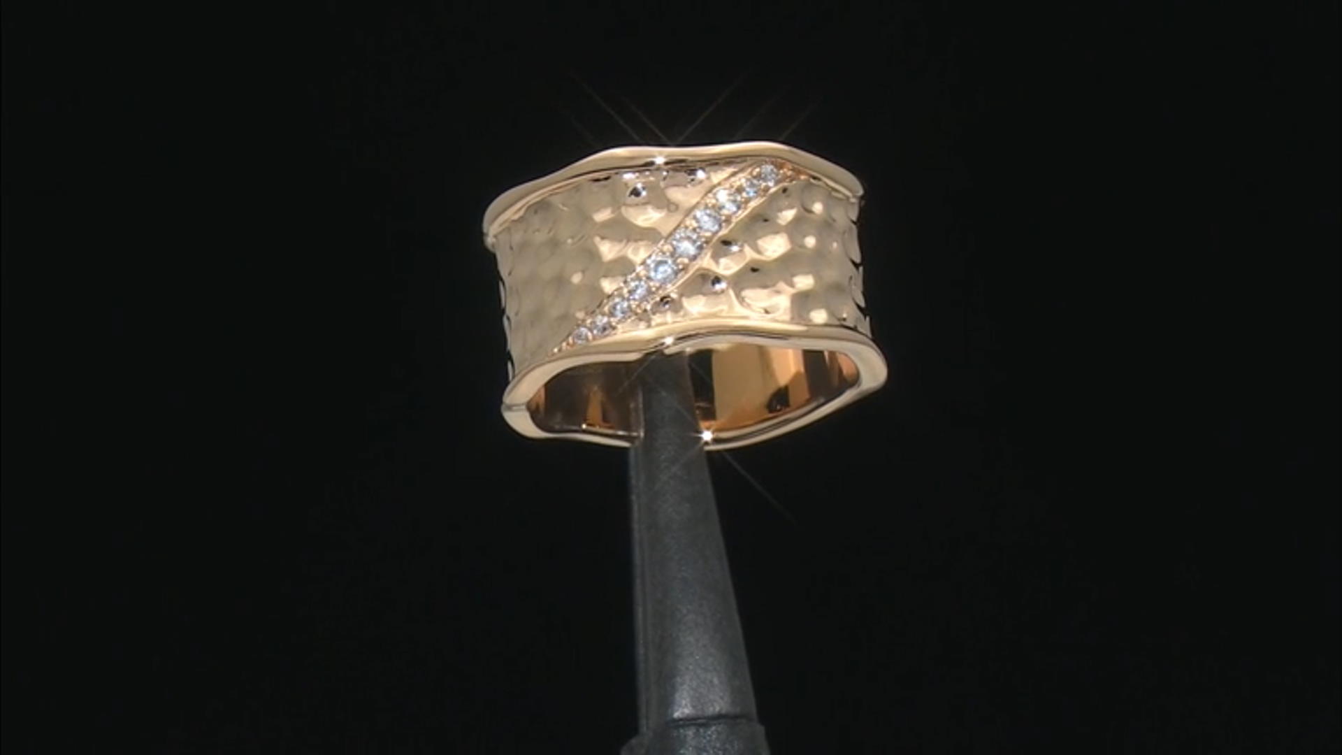 18k Yellow Gold Over Bronze White Cubic Zirconia Hammered Satin Finish Ring Video Thumbnail