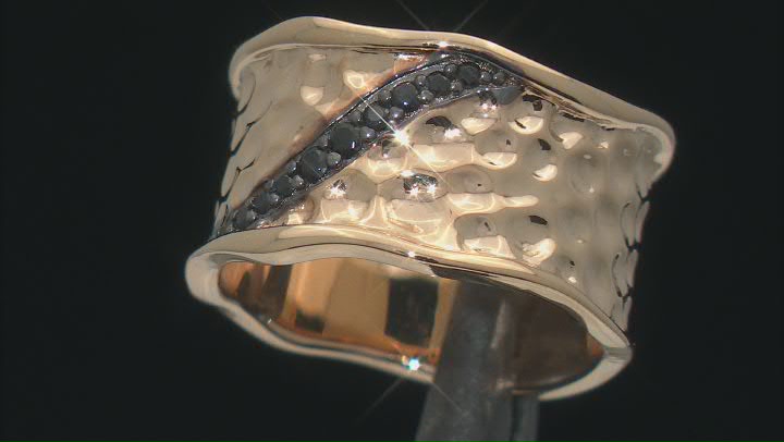 18k Yellow Gold Over Bronze Black Cubic Zirconia Hammered Satin Finish Ring Video Thumbnail
