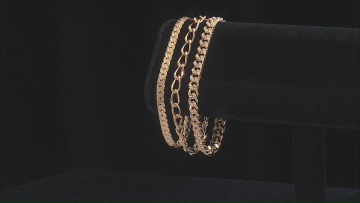 18k Yellow Gold Over Bronze Curb Link Bracelet Set of 3 Video Thumbnail