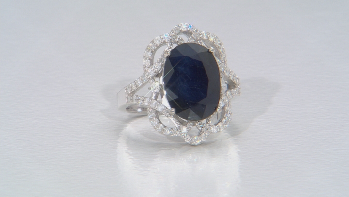 Blue Sapphire Rhodium Over Sterling Silver Ring 6.57ctw Video Thumbnail