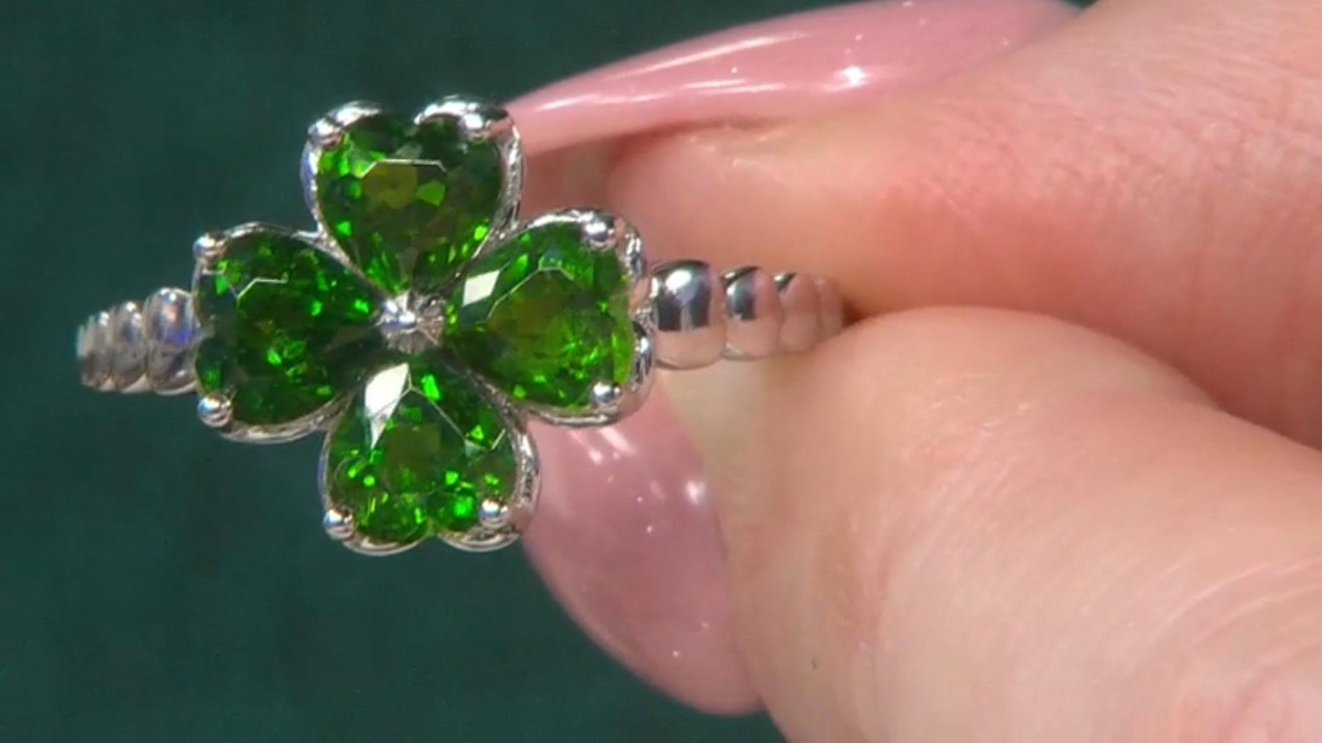 Green Chrome Diopside Rhodium Over Silver Four Leaf Clover Ring 1.63ctw Video Thumbnail