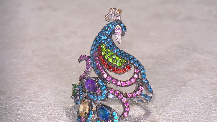 Multi Gemstone Rhodium Over Sterling Silver Peacock Ring 2.65ctw Video Thumbnail
