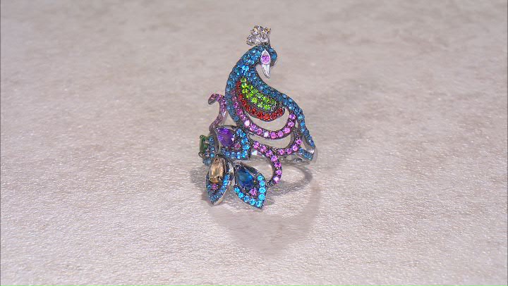 Multi Gemstone Rhodium Over Sterling Silver Peacock Ring 2.65ctw Video Thumbnail