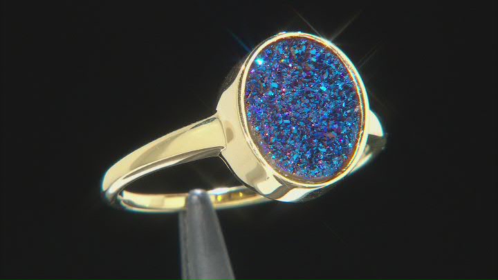 Blue Drusy Quartz 18k Yellow Gold Over Sterling Silver Ring Video Thumbnail
