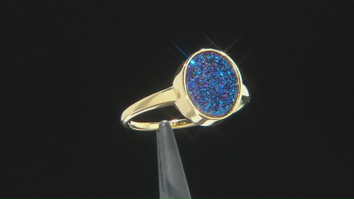 Blue Drusy Quartz 18k Yellow Gold Over Sterling Silver Ring Video Thumbnail
