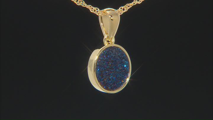 Blue Drusy Quartz 18K Yellow Gold Over Sterling Silver Pendant With Chain Video Thumbnail