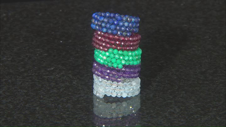 Round Onyx, Red Garnet, Lapis Lazuli, Aquamarine, Amethyst Set Of 5 Beaded Wrap Rings 2.3mm Round
