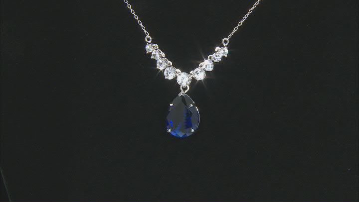 Blue Lab Created Sapphire Rhodium Over Sterling Silver Necklace. 11.31ctw Video Thumbnail
