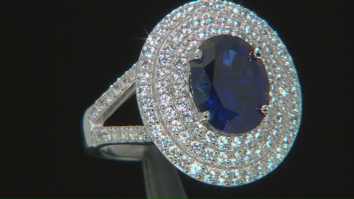 Blue Lab Created Sapphire Rhodium Over Sterling Silver Ring 4.02ctw Video Thumbnail