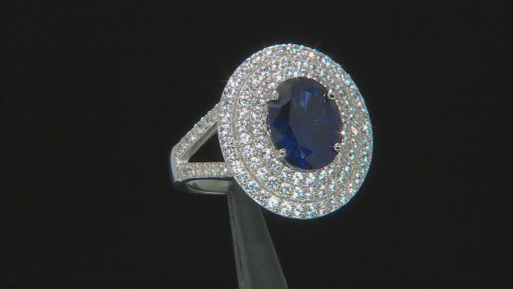 Blue Lab Created Sapphire Rhodium Over Sterling Silver Ring 4.02ctw Video Thumbnail