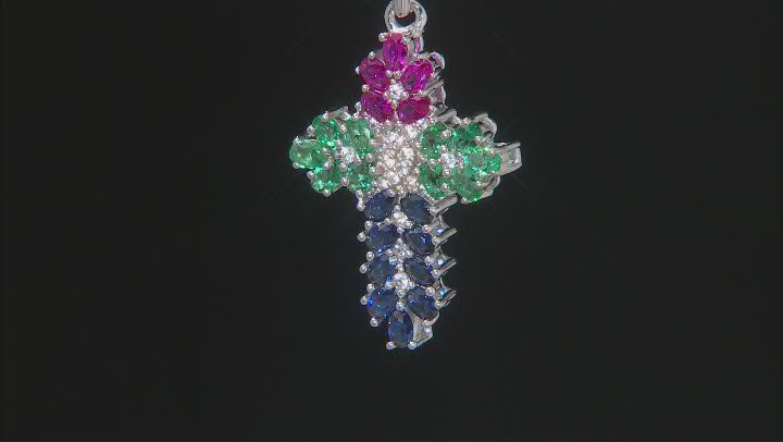 Red Lab Created Ruby Rhodium Over Sterling Silver Cross Pendant With Chain 1.52ctw Video Thumbnail