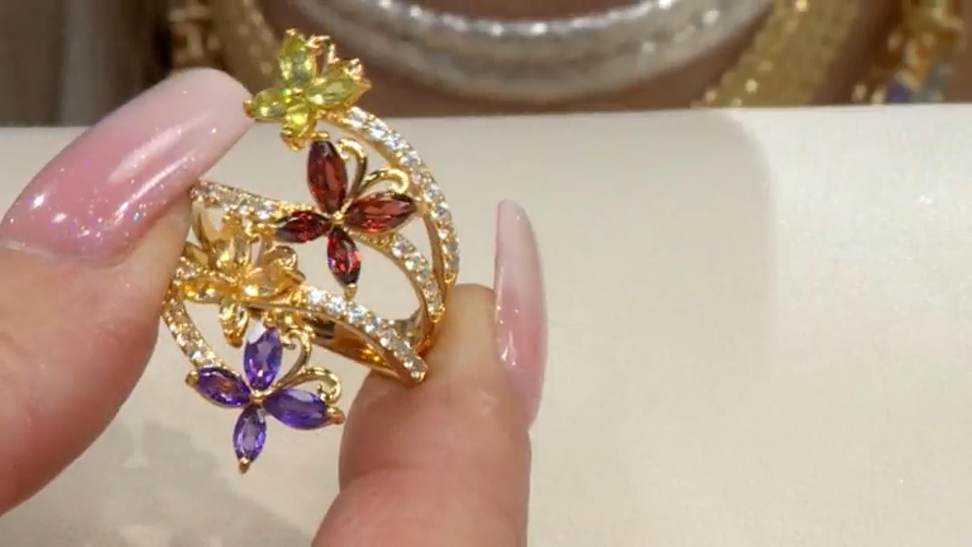 Multi Color Multi Gem 18K Yellow Gold Over Silver Butterfly Ring 2.92ctw Video Thumbnail
