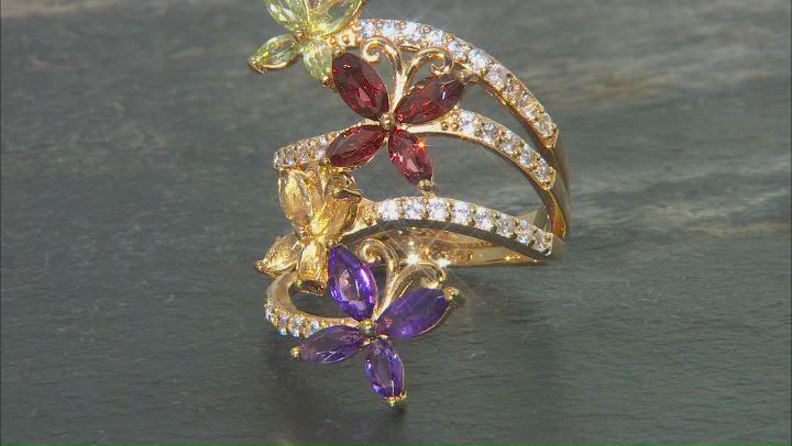 Multi Color Multi Gem 18K Yellow Gold Over Silver Butterfly Ring 2.92ctw Video Thumbnail