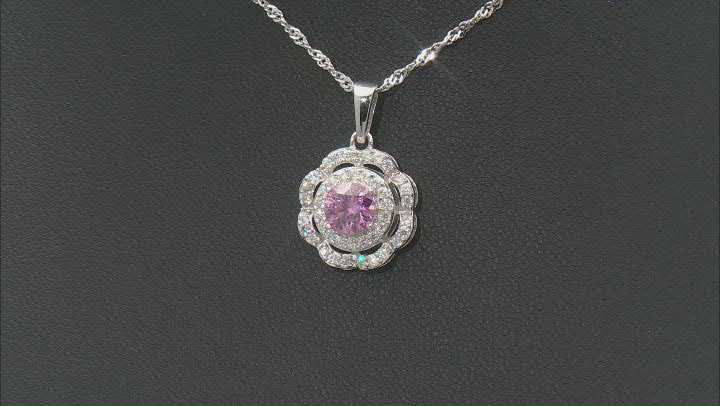 Pink and Colorless Moissanite Platineve Halo Pendant  1.22ctw DEW. Video Thumbnail