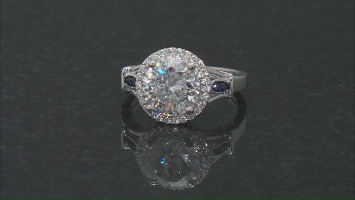Moissanite And Blue Sapphire Halo Ring 4.39ctw DEW. Video Thumbnail
