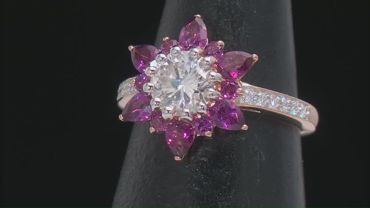 Moissanite And Rhodolite 14K Rose Gold Over Silver Ring 1.32ctw DEW Video Thumbnail