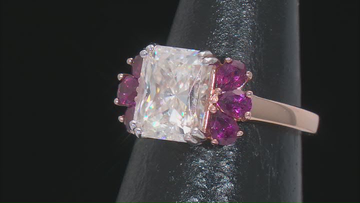 Moissanite And Rhodolite 14K Rose Gold Over Silver Ring 3.90ct DEW Video Thumbnail
