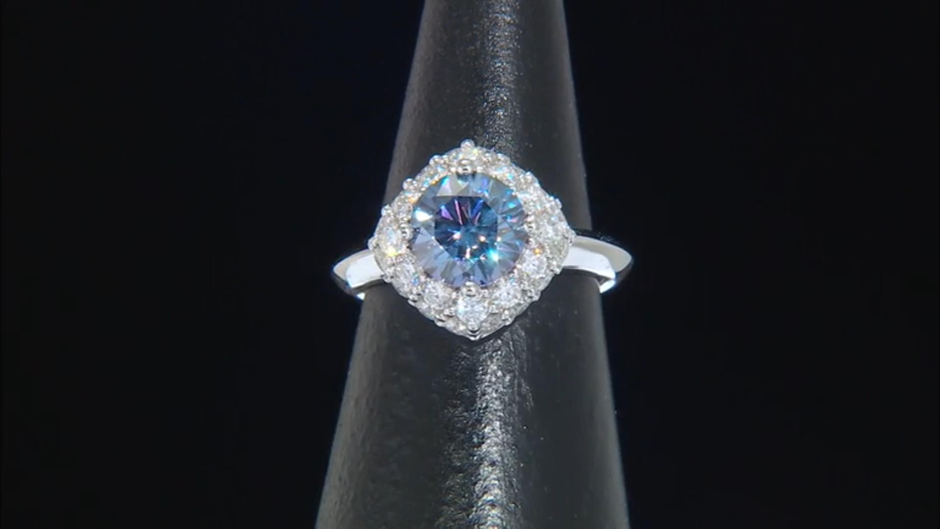Blue and Colorless Moissanite Platineve Halo Ring 3.02ctw DEW. Video Thumbnail
