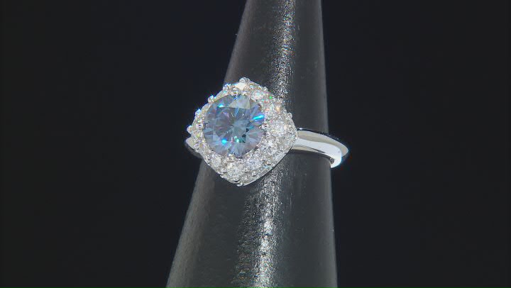 Blue and Colorless Moissanite Platineve Halo Ring 3.02ctw DEW. Video Thumbnail