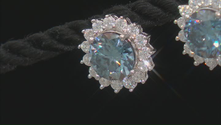 Blue And Colorless Moissanite Platineve Halo Earrings 4.70ctw DEW. Video Thumbnail
