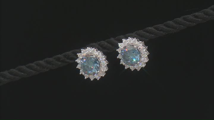 Blue And Colorless Moissanite Platineve Halo Earrings 4.70ctw DEW. Video Thumbnail