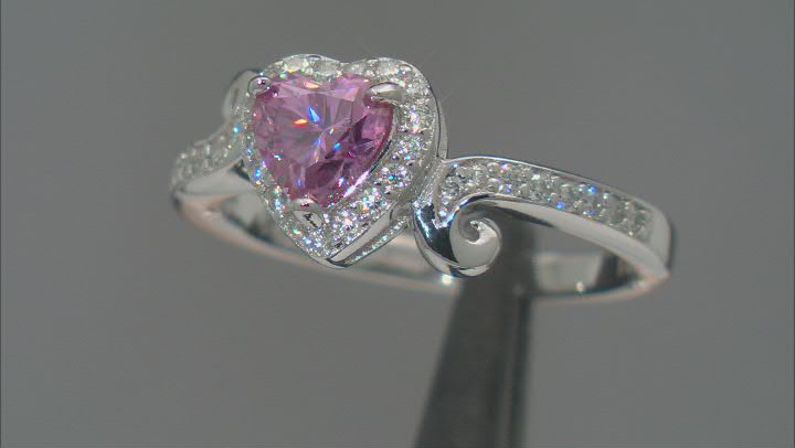 Pink And Colorless Moissanite Platineve Heart Ring 1.13ctw DEW. Video Thumbnail