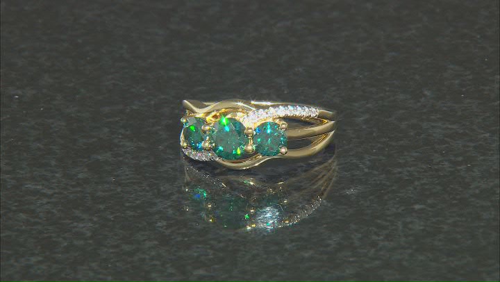 Green And Colorless Moissanite 14k Yellow Gold Over Silver 3 Stone Ring 1.96ctw DEW. Video Thumbnail