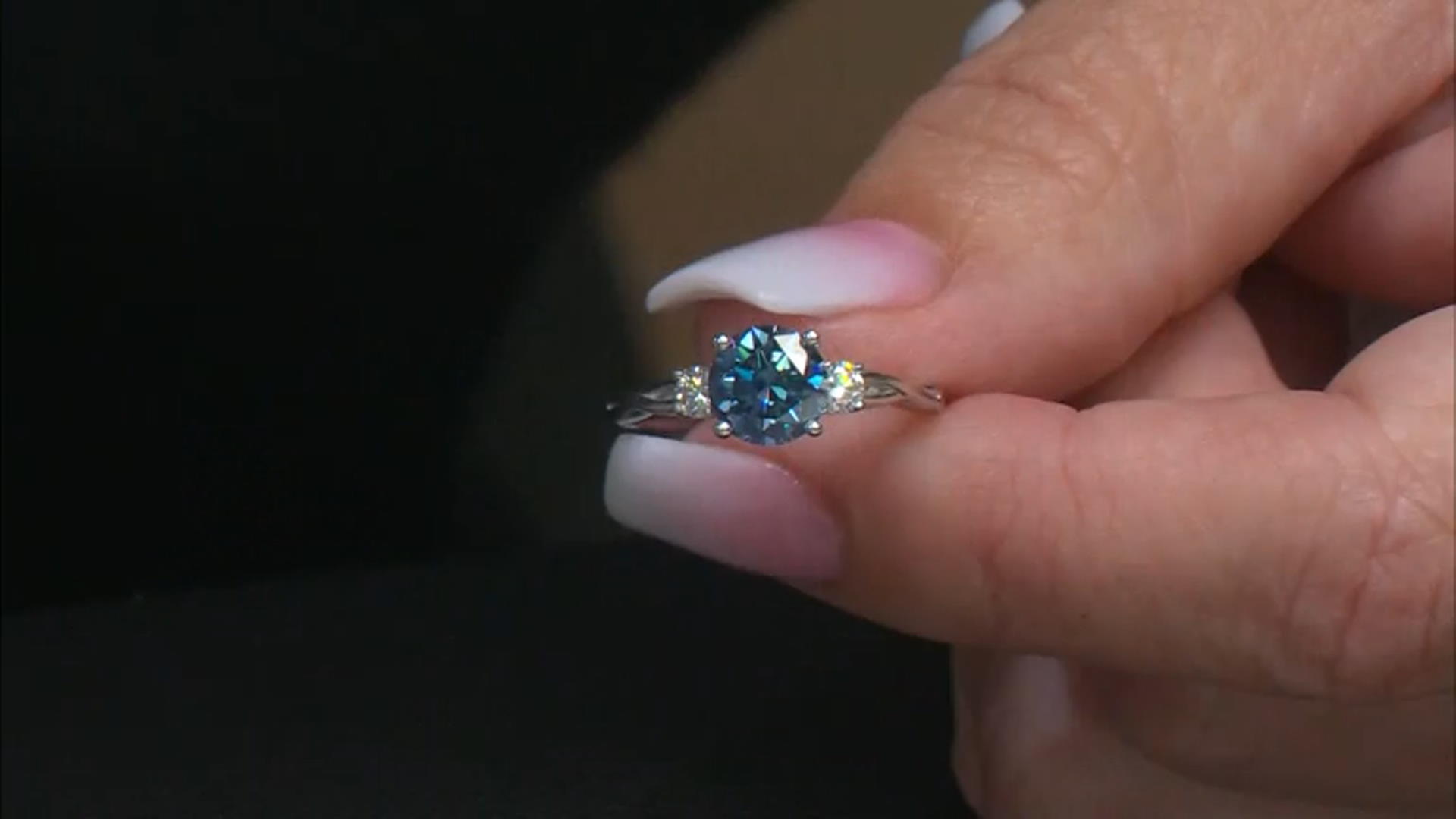Blue and Colorless Moissanite Platineve Three Stone Ring 1.42ctw DEW. Video Thumbnail