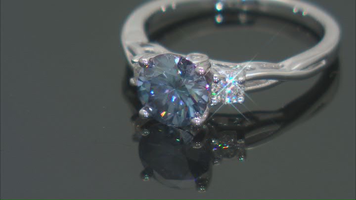 Blue and Colorless Moissanite Platineve Three Stone Ring 1.42ctw DEW. Video Thumbnail