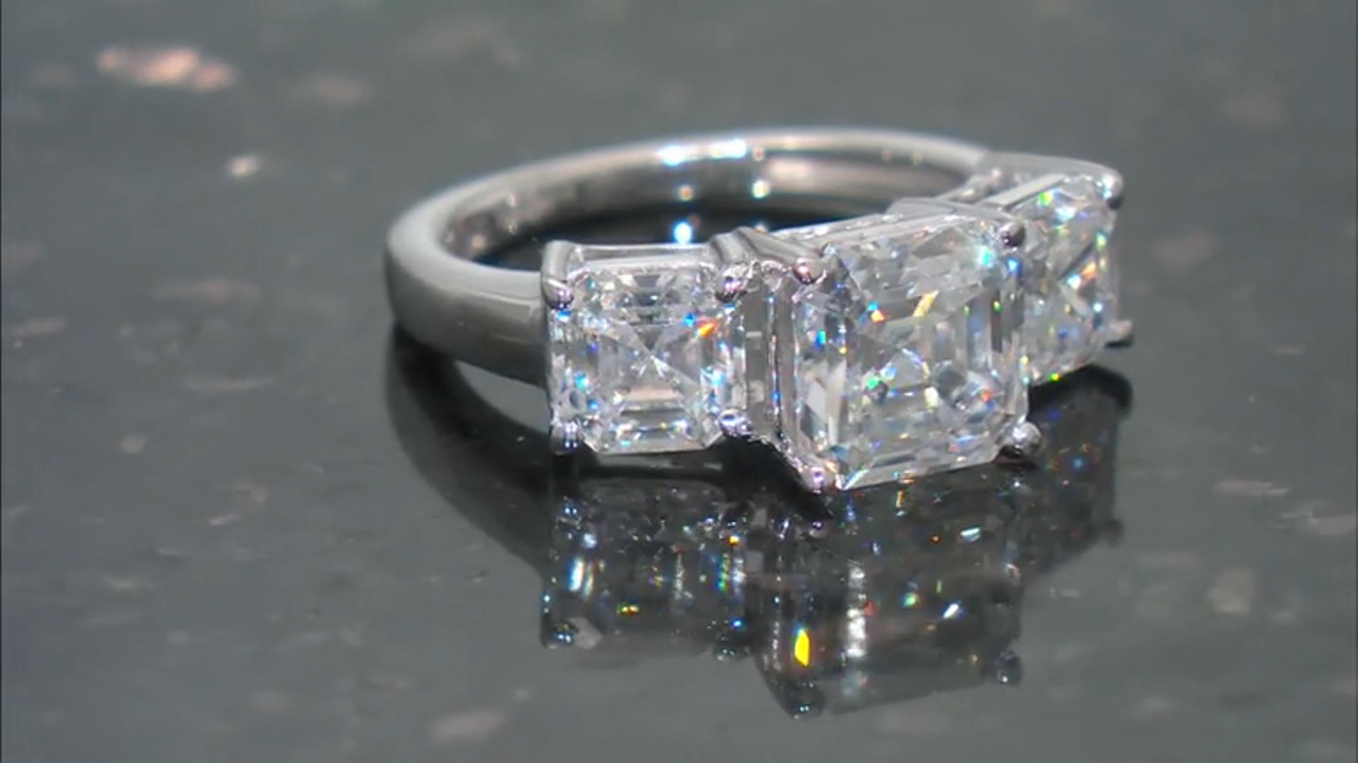 Moissanite Platineve Three Stone Ring 4.86ctw DEW. Video Thumbnail