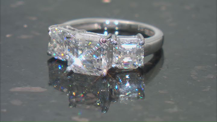 Moissanite Platineve Three Stone Ring 4.86ctw DEW. Video Thumbnail