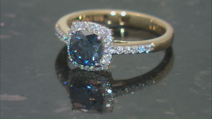 Navy Blue And Colorless Moissanite 14K Yellow Gold Over Silver Halo Ring 1.44ctw DEW. Video Thumbnail