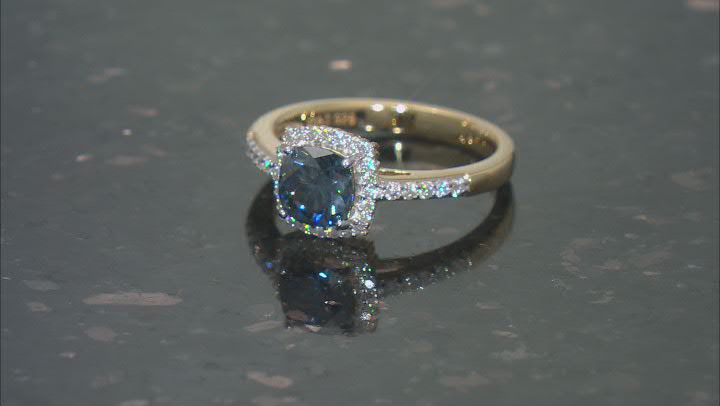 Navy Blue And Colorless Moissanite 14K Yellow Gold Over Silver Halo Ring 1.44ctw DEW. Video Thumbnail