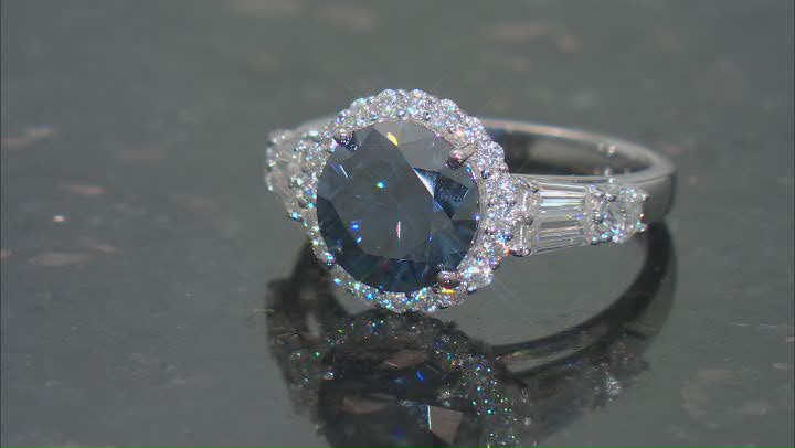 Navy Blue And Colorless Moissanite Platineve Halo Ring 3.66ctw DEW. Video Thumbnail