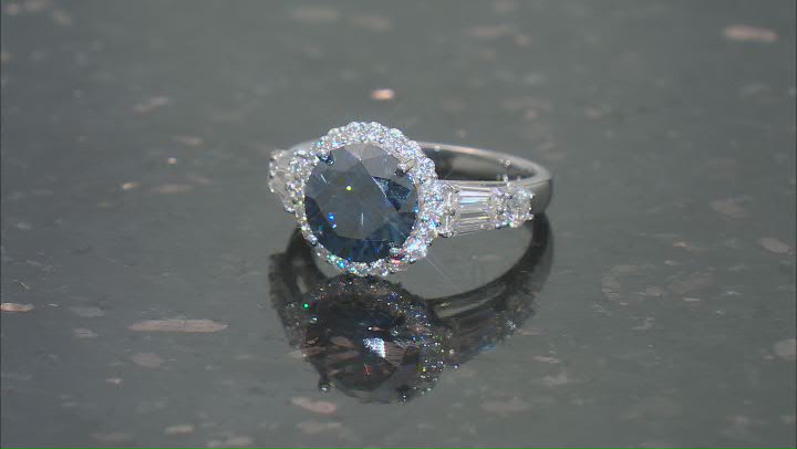 Navy Blue And Colorless Moissanite Platineve Halo Ring 3.66ctw DEW. Video Thumbnail