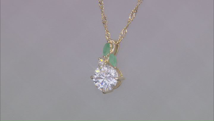 Moissanite Fire® 1.53ctw DEW Moissanite and .12ctw Emerald 14k Yellow Gold Over Silver Pendant Video Thumbnail