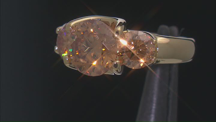 Champagne Moissanite 14k Yellow Gold Over Silver 3 Stone Ring 4.30ctw DEW Video Thumbnail