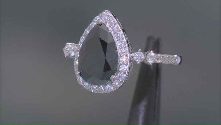 Navy Blue And Colorless Moissanite Platineve Halo Ring 4.31ctw DEW. Video Thumbnail