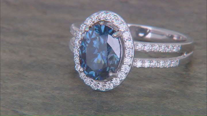 Navy Blue And Colorless Moissanite Platineve Halo Ring 2.58ctw DEW. Video Thumbnail