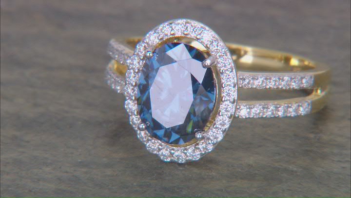 Navy Blue And Colorless Moissanite 14k Yellow Gold Over Silver Halo Ring 2.58ctw DEW. Video Thumbnail