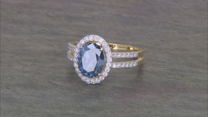 Navy Blue And Colorless Moissanite 14k Yellow Gold Over Silver Halo Ring 2.58ctw DEW. Video Thumbnail