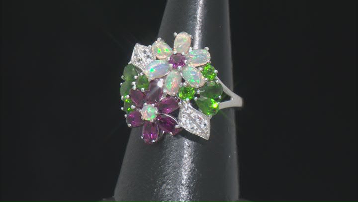 Opal, Magenta Rhodolite,Chrome Diopside, White Topaz Rhodium Over Silver Flower Ring 4.51ctw Video Thumbnail