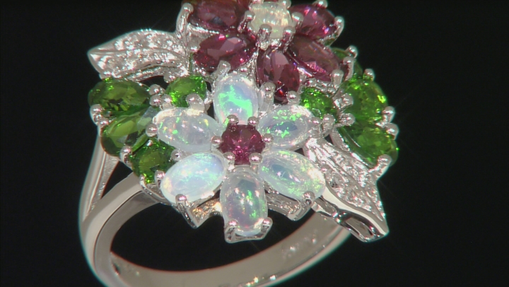 Opal, Magenta Rhodolite,Chrome Diopside, White Topaz Rhodium Over Silver Flower Ring 4.51ctw Video Thumbnail