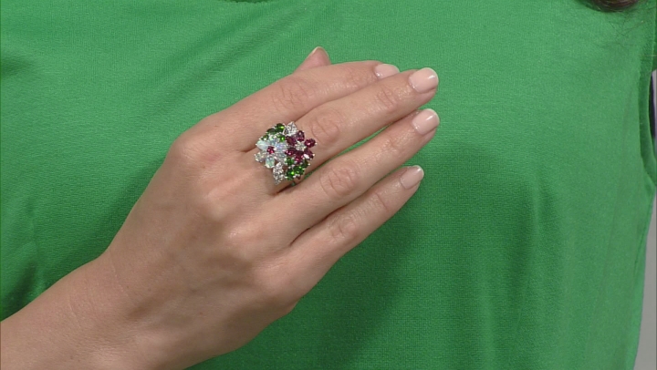 Opal, Magenta Rhodolite,Chrome Diopside, White Topaz Rhodium Over Silver Flower Ring 4.51ctw Video Thumbnail