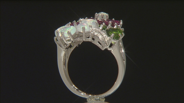 Opal, Magenta Rhodolite,Chrome Diopside, White Topaz Rhodium Over Silver Flower Ring 4.51ctw Video Thumbnail