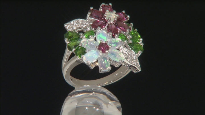 Opal, Magenta Rhodolite,Chrome Diopside, White Topaz Rhodium Over Silver Flower Ring 4.51ctw Video Thumbnail