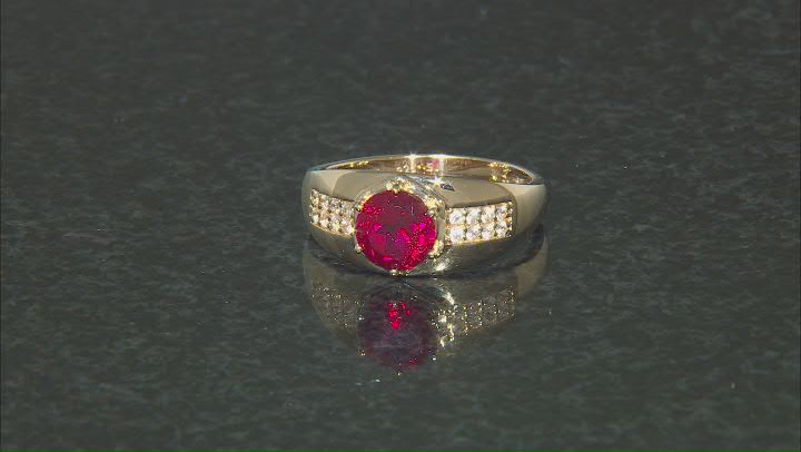 Red Lab Created Ruby 18k Yellow Gold Over Sterling Silver Men's Ring 2.40ctw Video Thumbnail