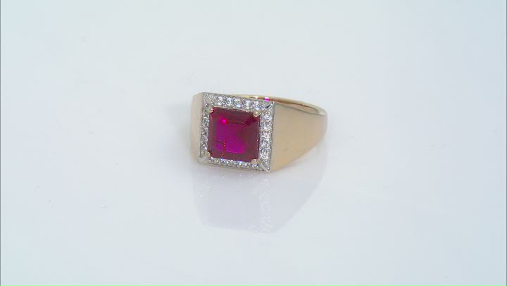 Red Lab Created Ruby 18k Yellow Gold Over Sterling Silver Men's Ring 3.88ctw Video Thumbnail