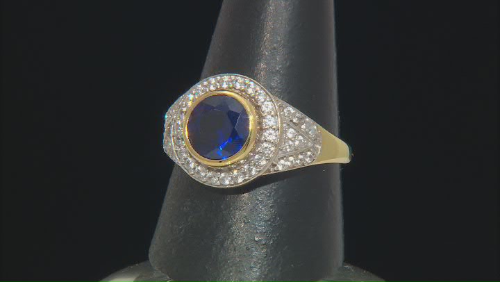 Blue Lab Created Sapphire 18k Yellow Gold Over Sterling Silver Men's Ring 3.07ctw Video Thumbnail