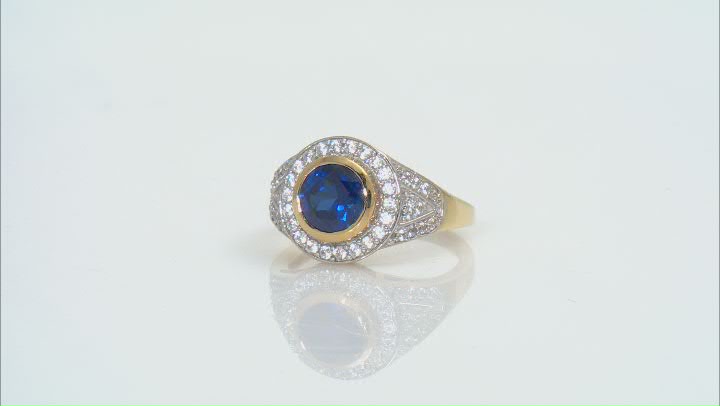 Blue Lab Created Sapphire 18k Yellow Gold Over Sterling Silver Men's Ring 3.07ctw Video Thumbnail